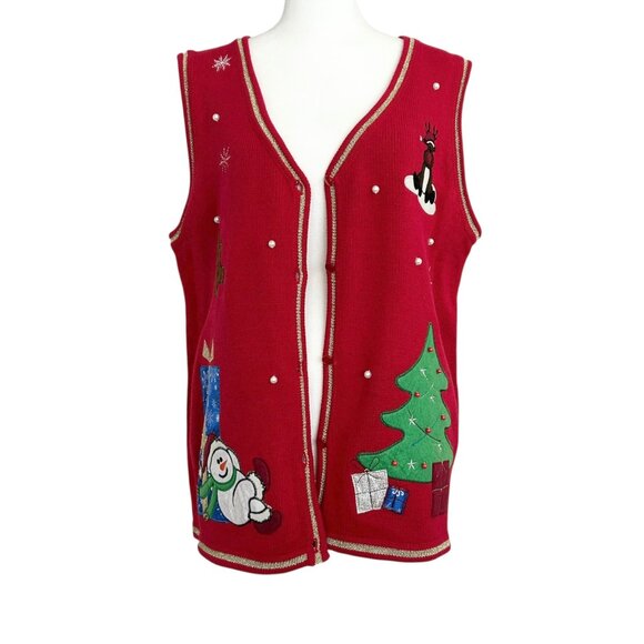 White Stag Red Christmas Applique Embroidered Beaded Sweater Vest (L) - Picture 5 of 16